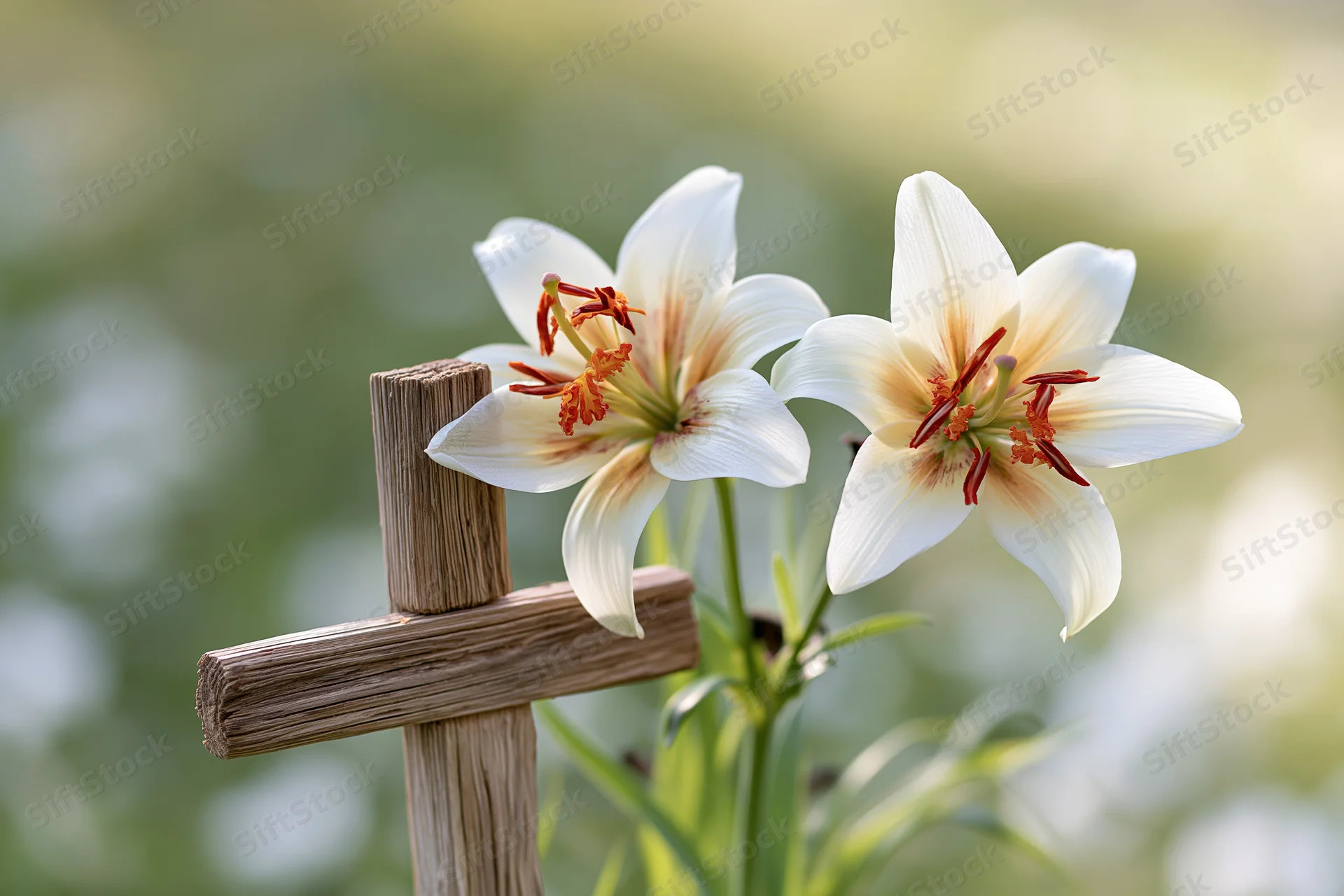 Two white easter lilies blooming beside a wooden cross in a garden setting
