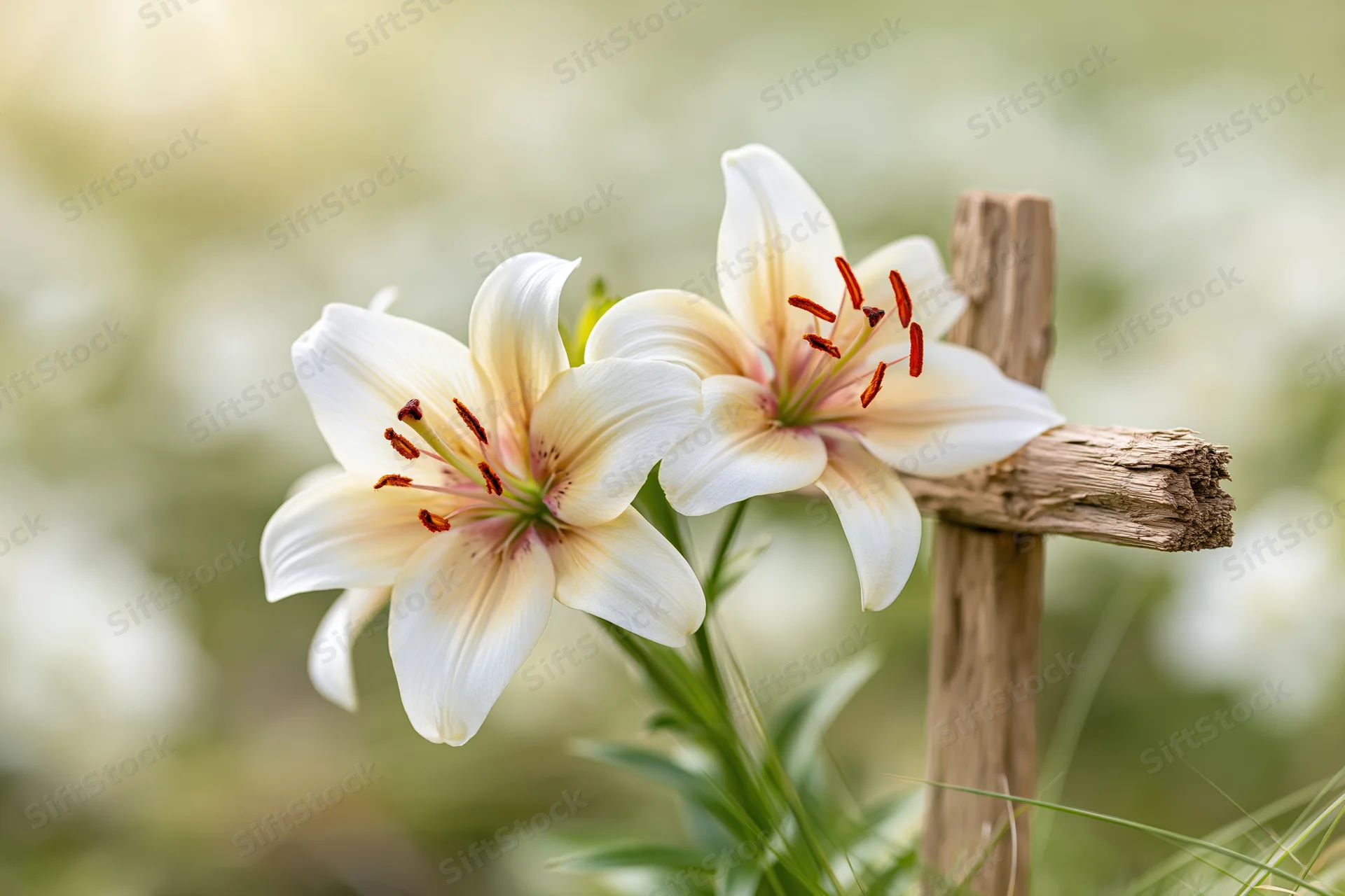 Two white Easter lilies blooming beside a wooden cross in a garden