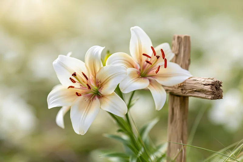 Two white Easter lilies blooming beside a wooden cross in a garden