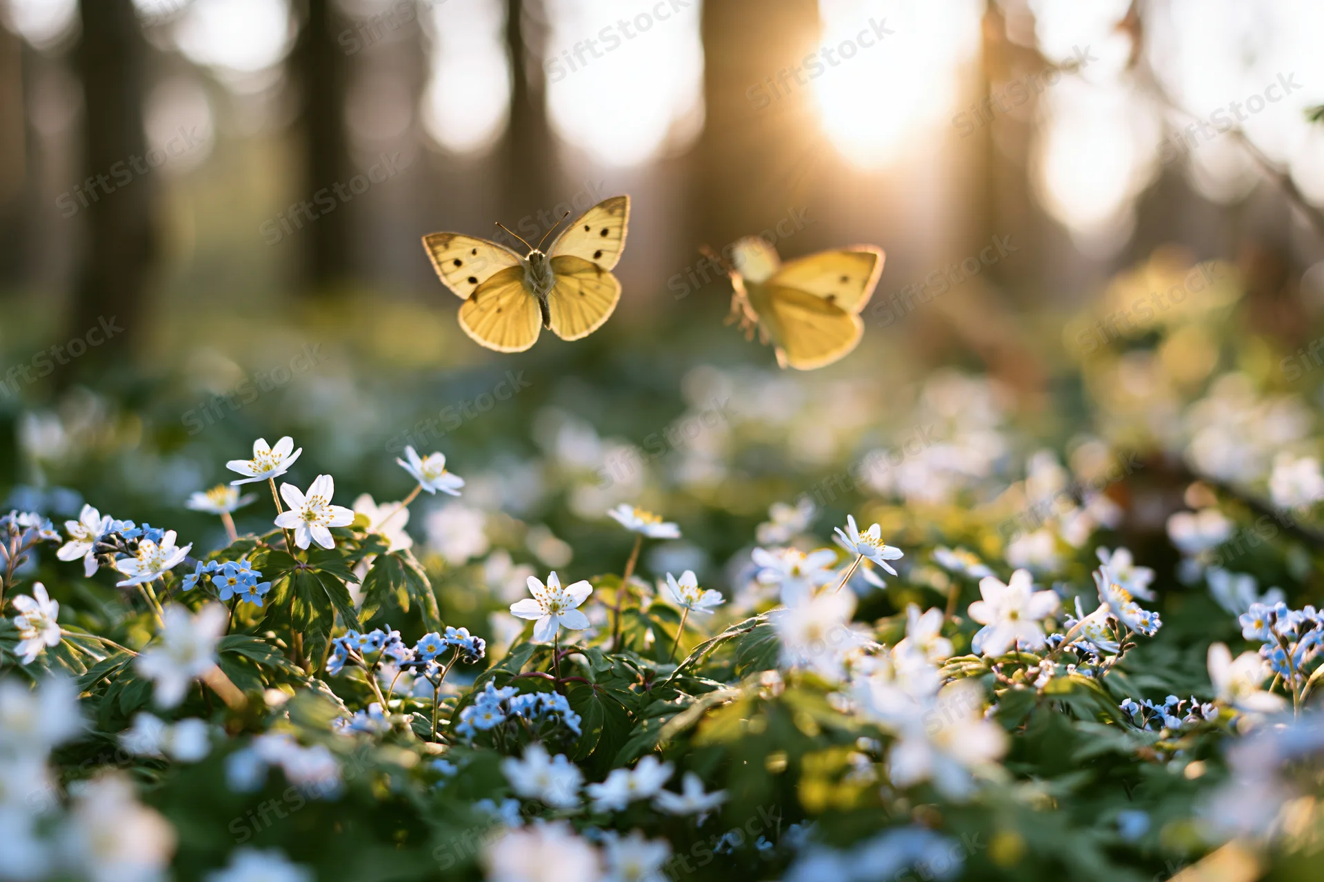 Two yellow butterflies hovering above a carpet of small white and blue wildflowers in a sunlit forest meadow