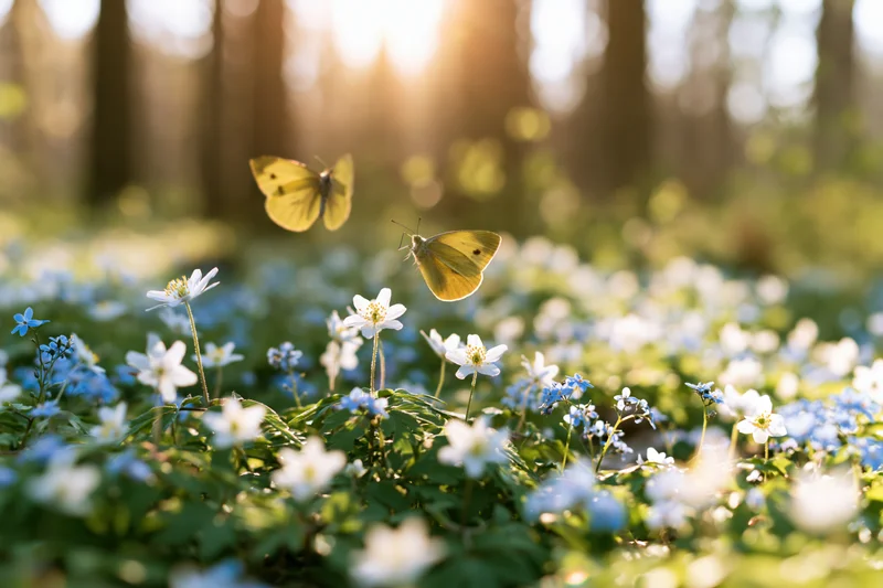 Two yellow butterflies hovering above a carpet of small white and blue flowers in a sunlit forest meadow
