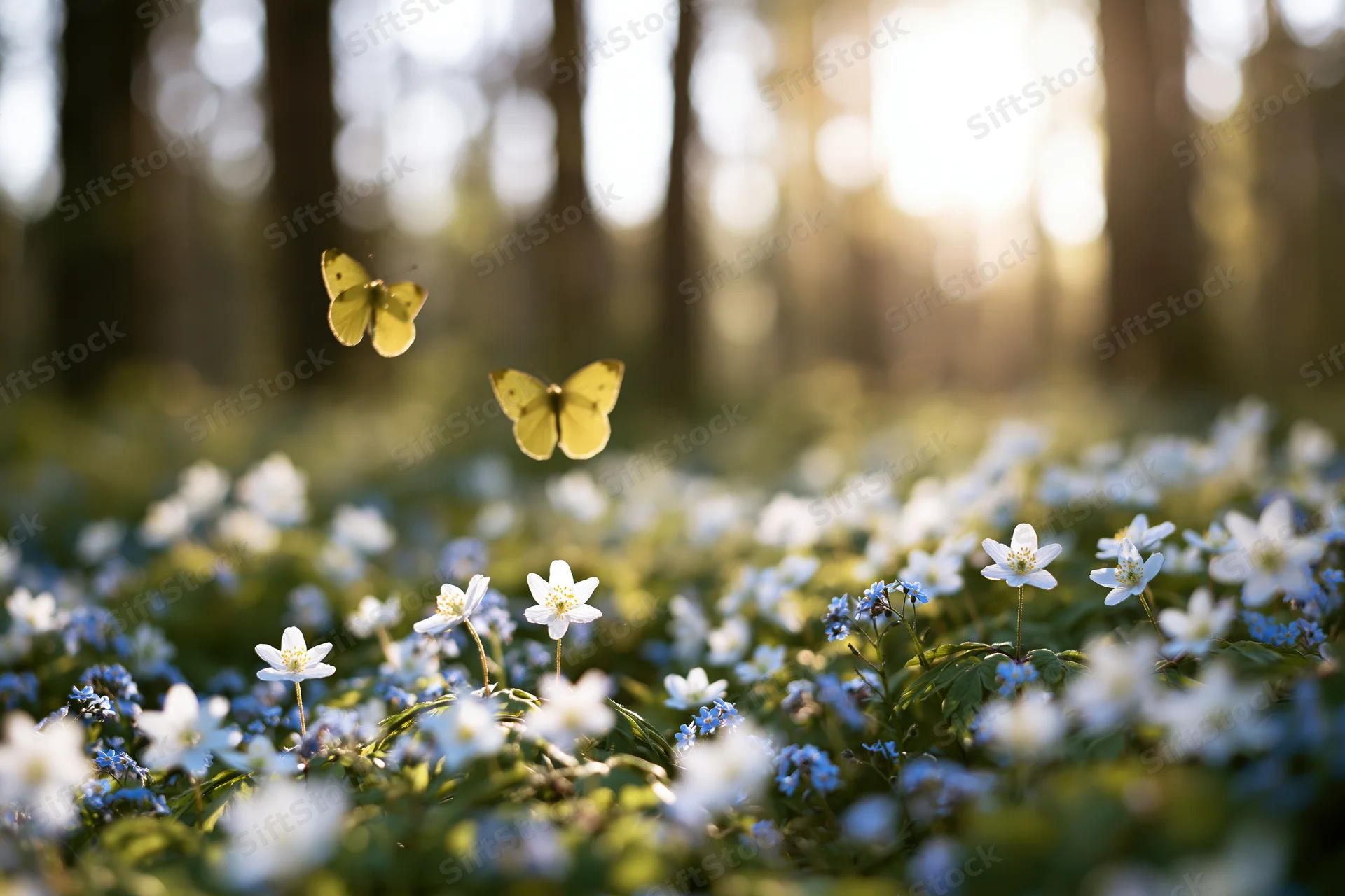 Two yellow butterflies hovering above a carpet of small white and blue flowers in a sunlit forest meadow