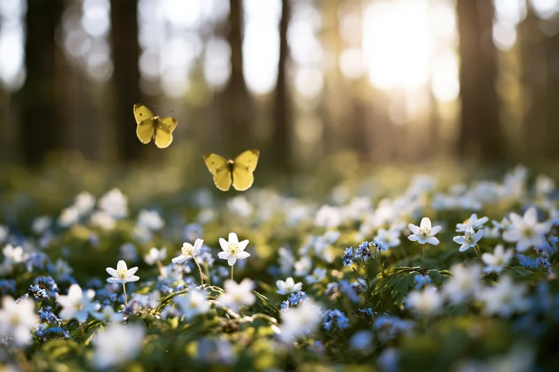 Two yellow butterflies hovering above a carpet of small white and blue flowers in a sunlit forest meadow