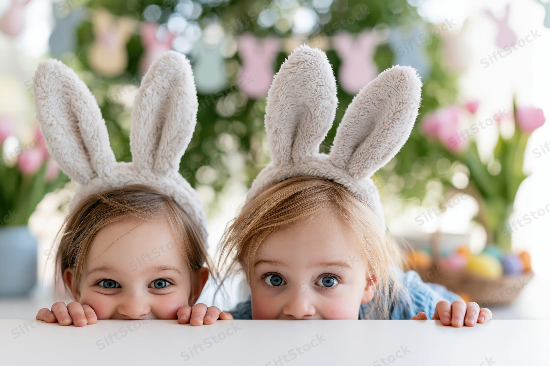 Two young girls wearing plush bunny ears peeking over a table with flowers and easter decorations in the background