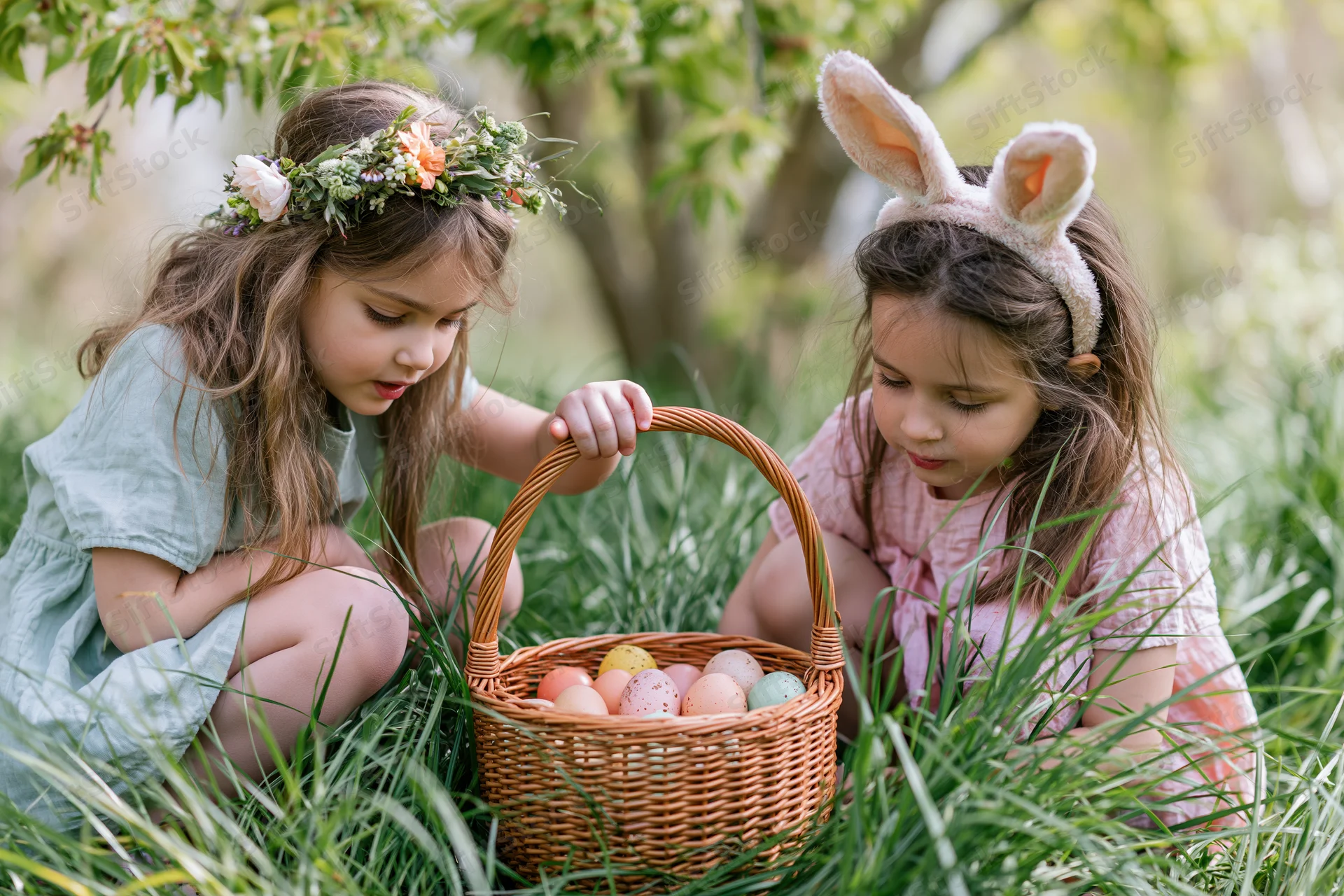 Two young girls crouching in tall grass examining a wicker basket filled with colorful easter eggs