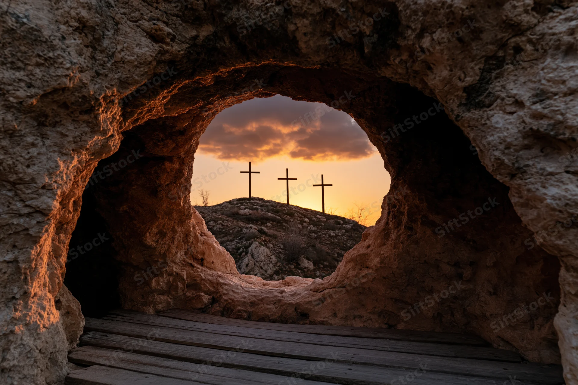 View from inside a stone cave looking out through a round opening at three crosses on a hill at sunset