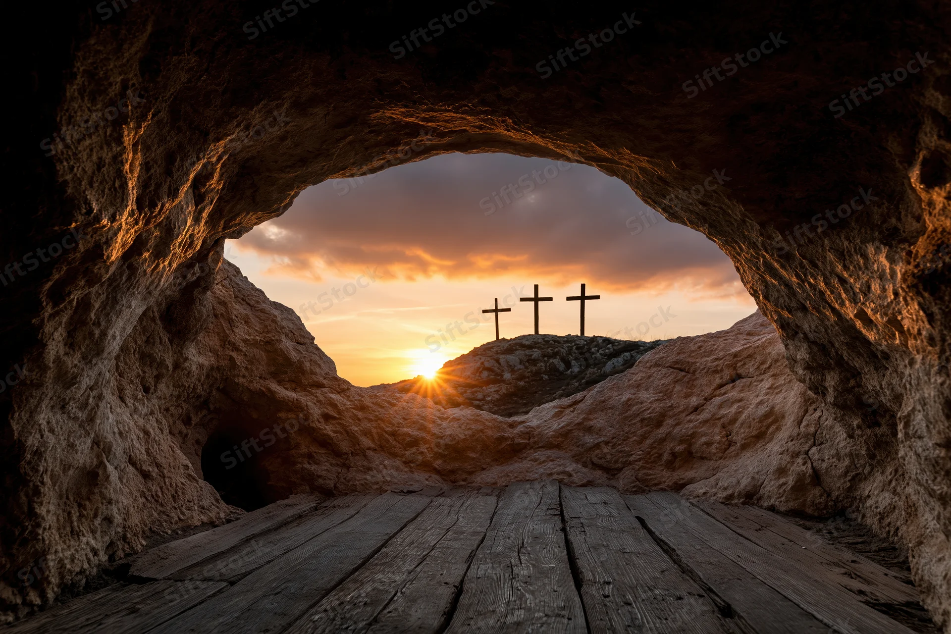 View from inside a dark stone cave looking out at three crosses on a hill at sunset through a rounded opening with wooden floor and rocky walls
