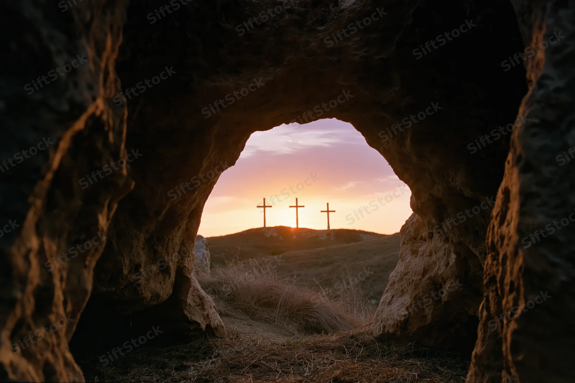View from inside a dark stone cave looking out at three crosses on a hill at sunset