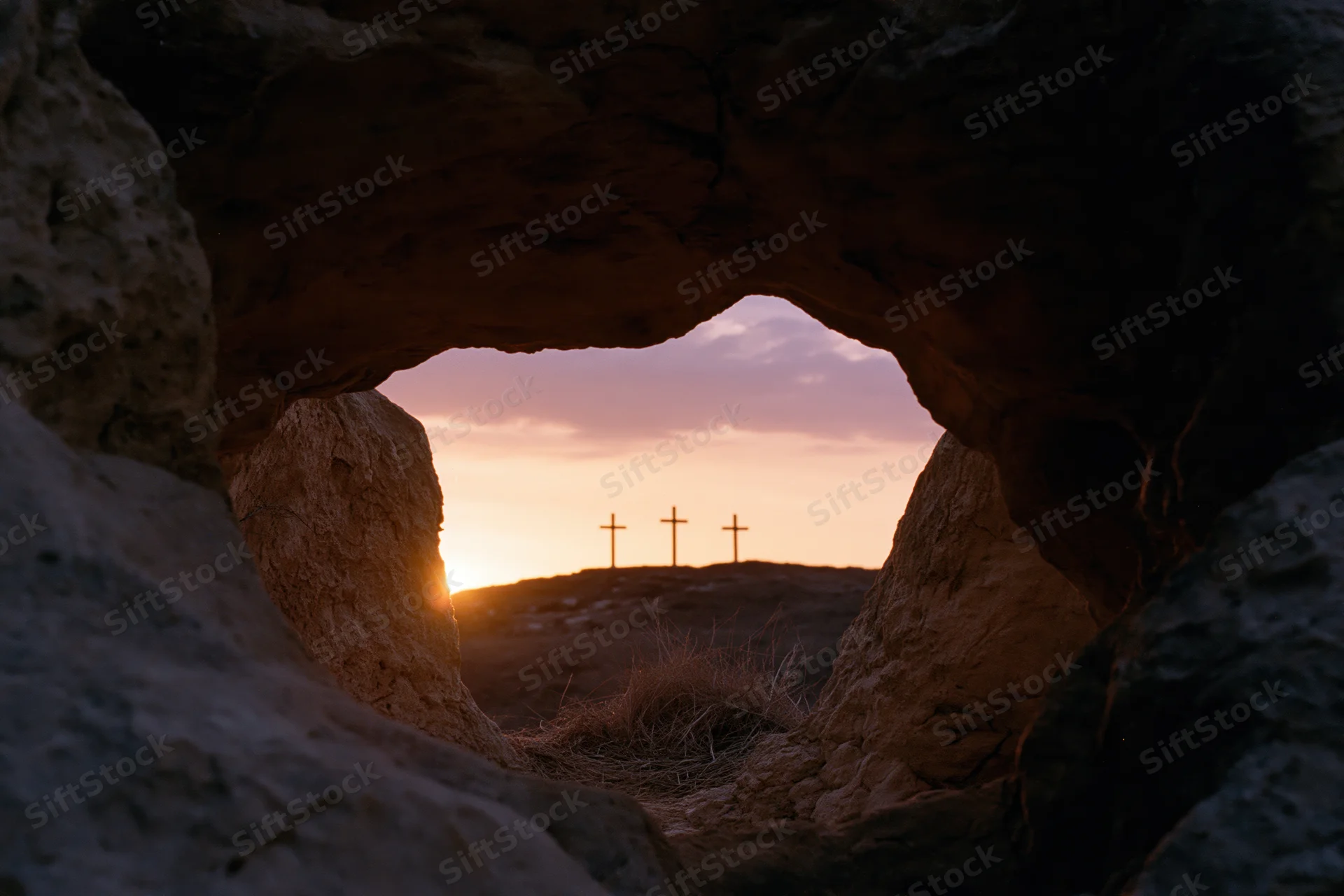 View from inside a dark stone cave looking outward through a natural arch at three crosses silhouetted against a sunset sky on a distant hill
