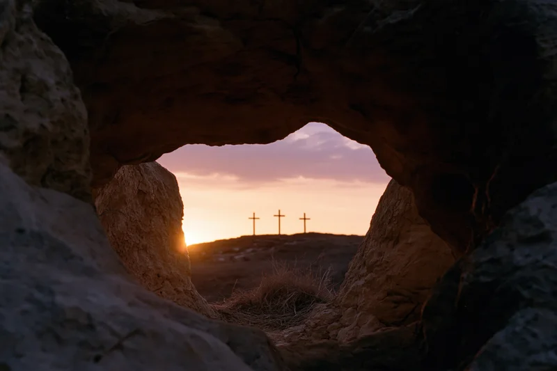 View from inside a dark stone cave looking outward through a natural arch at three crosses silhouetted against a sunset sky on a distant hill