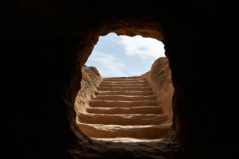 View from inside a dark stone cave looking out through an opening at a sunlit sandstone staircase leading upward into a blue sky
