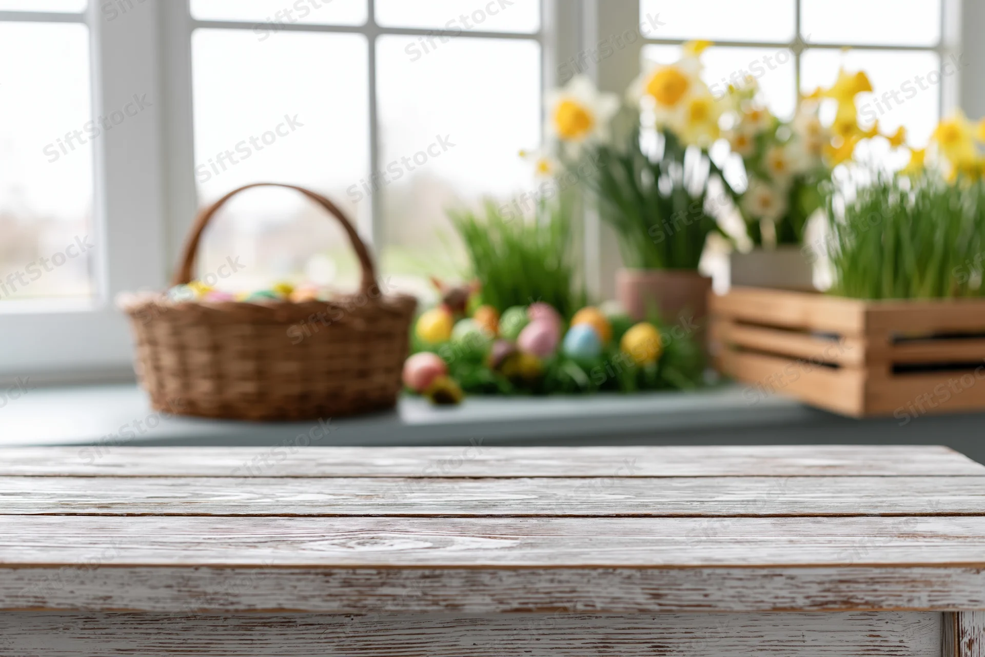 Weathered white wooden table surface in foreground with easter basket and spring decor blurred in background