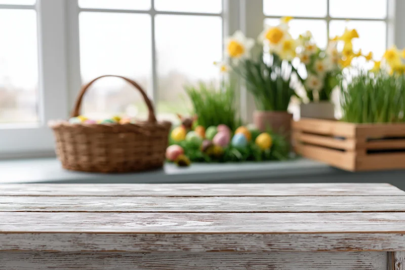 Weathered white wooden table surface in foreground with easter basket and spring decor blurred in background