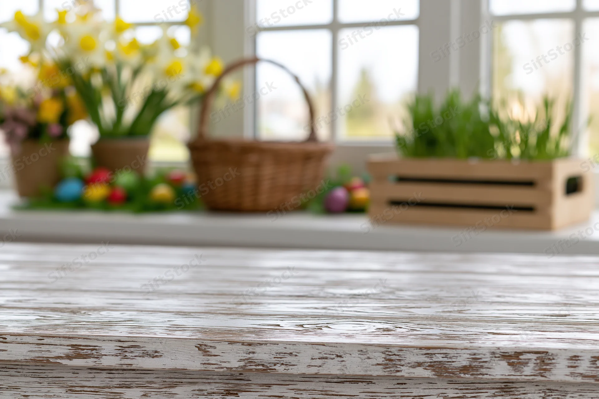 Weathered white wooden table surface in sharp focus with easter decorations blurred in background near window