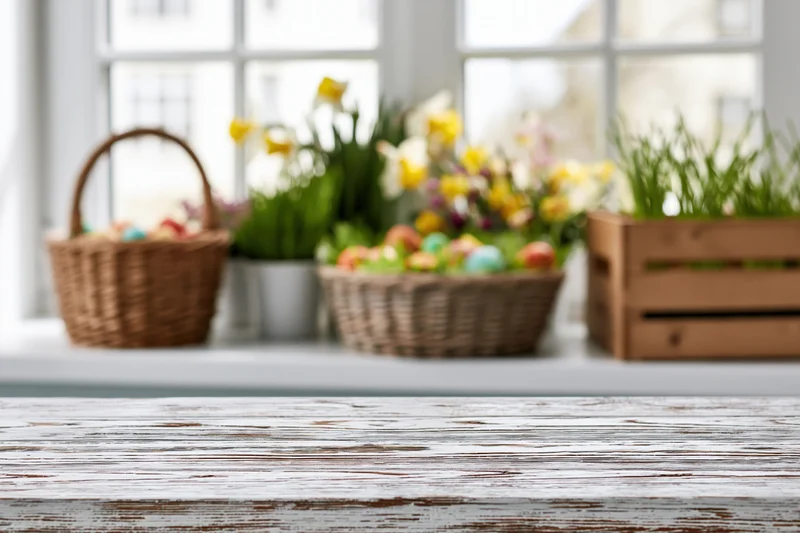Weathered white wooden table surface in foreground with blurred easter decorations and flowers on windowsill behind