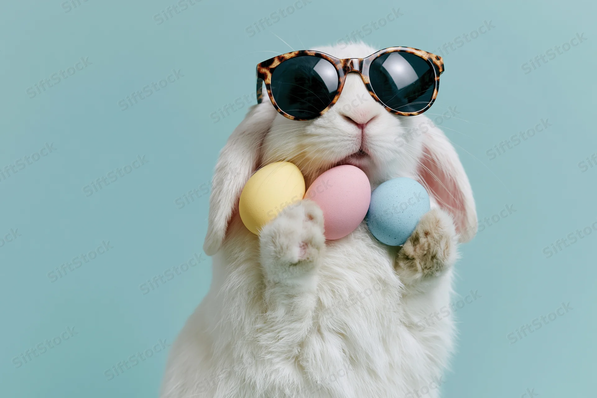 White easter bunny wearing tortoiseshell sunglasses holding three pastel eggs in front of teal background