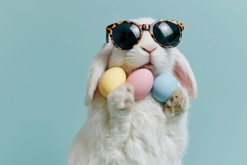 White easter bunny wearing tortoiseshell sunglasses holding three pastel eggs in front of teal background