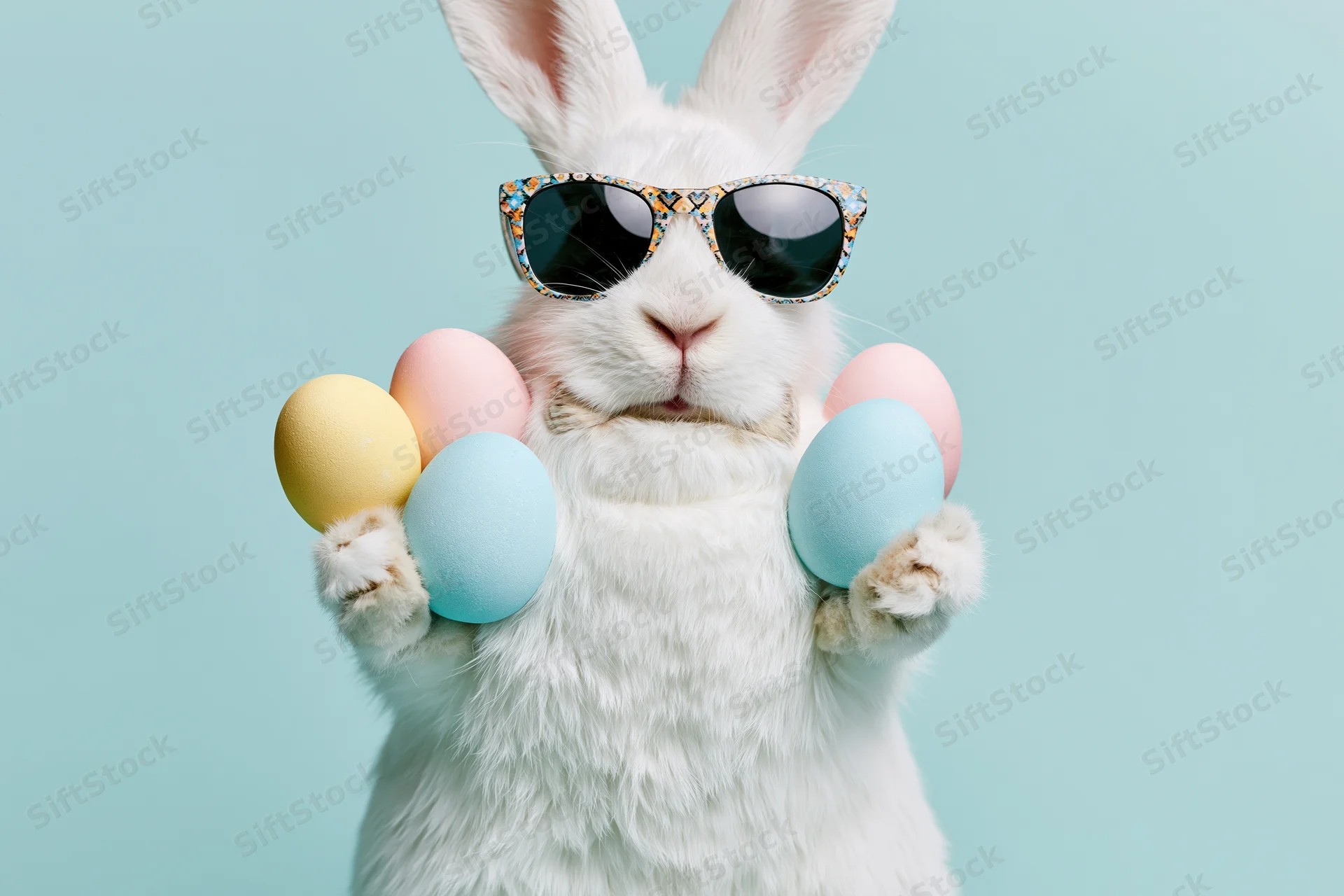 White easter bunny wearing patterned sunglasses holding pastel eggs in paws against light blue background