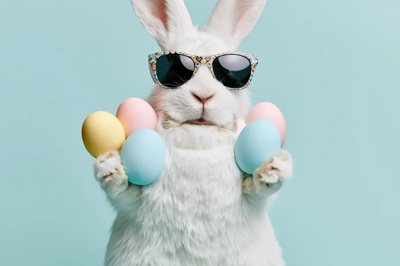 White easter bunny wearing patterned sunglasses holding pastel eggs in paws against light blue background