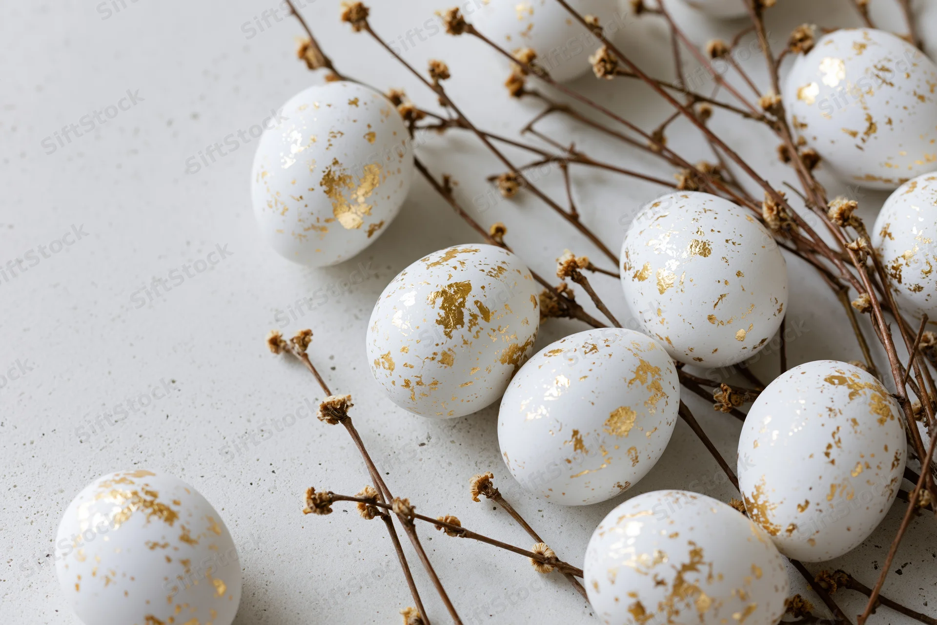 White easter eggs with gold leaf splatter arranged on dried branches on a gray surface