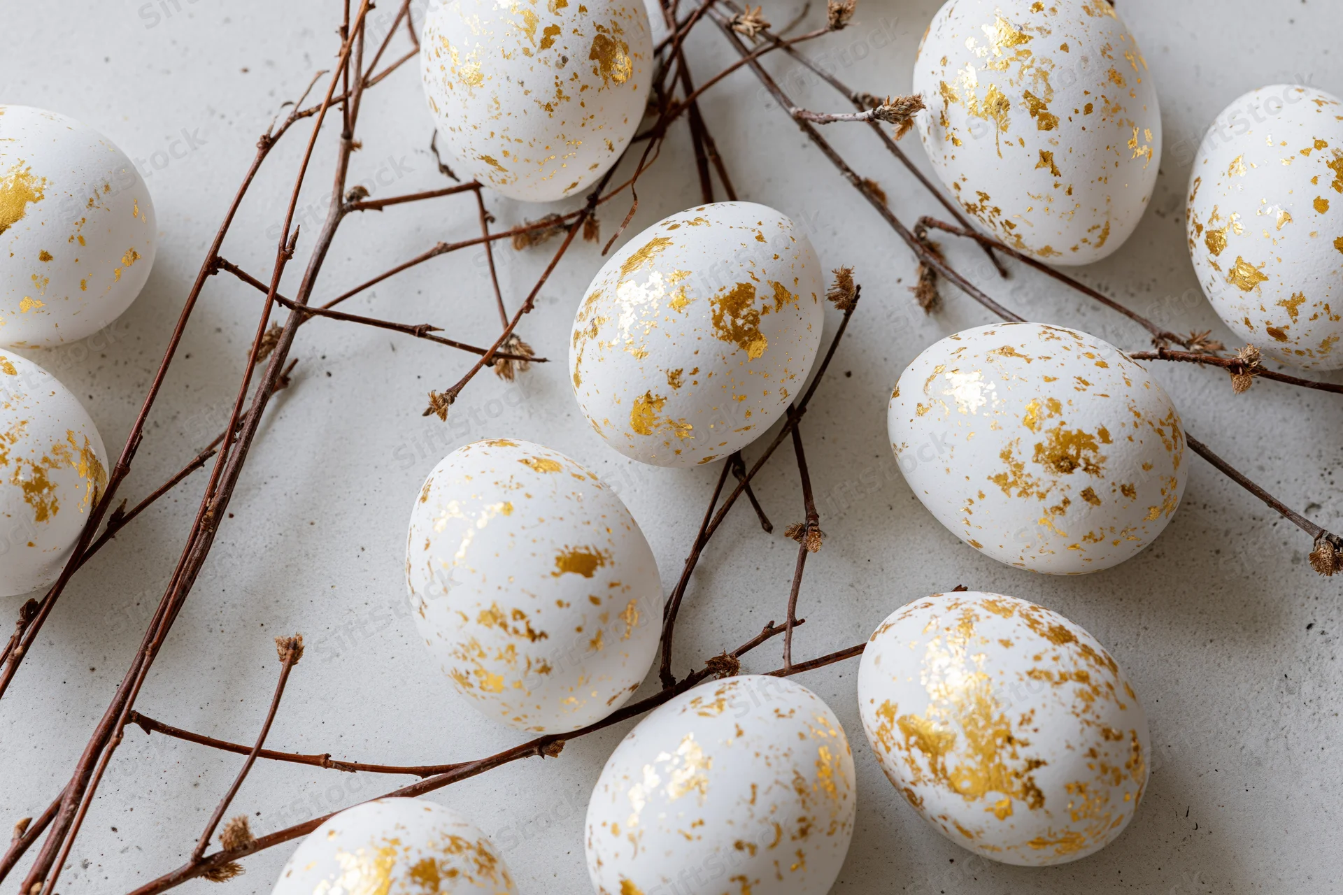 White easter eggs with gold leaf splatter markings arranged among dried branches on a gray surface