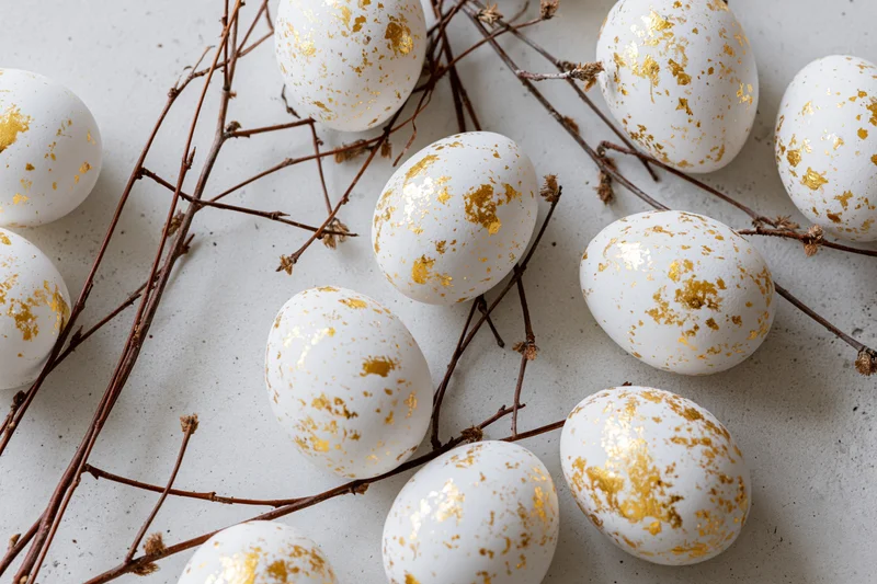White easter eggs with gold leaf splatter markings arranged among dried branches on a gray surface