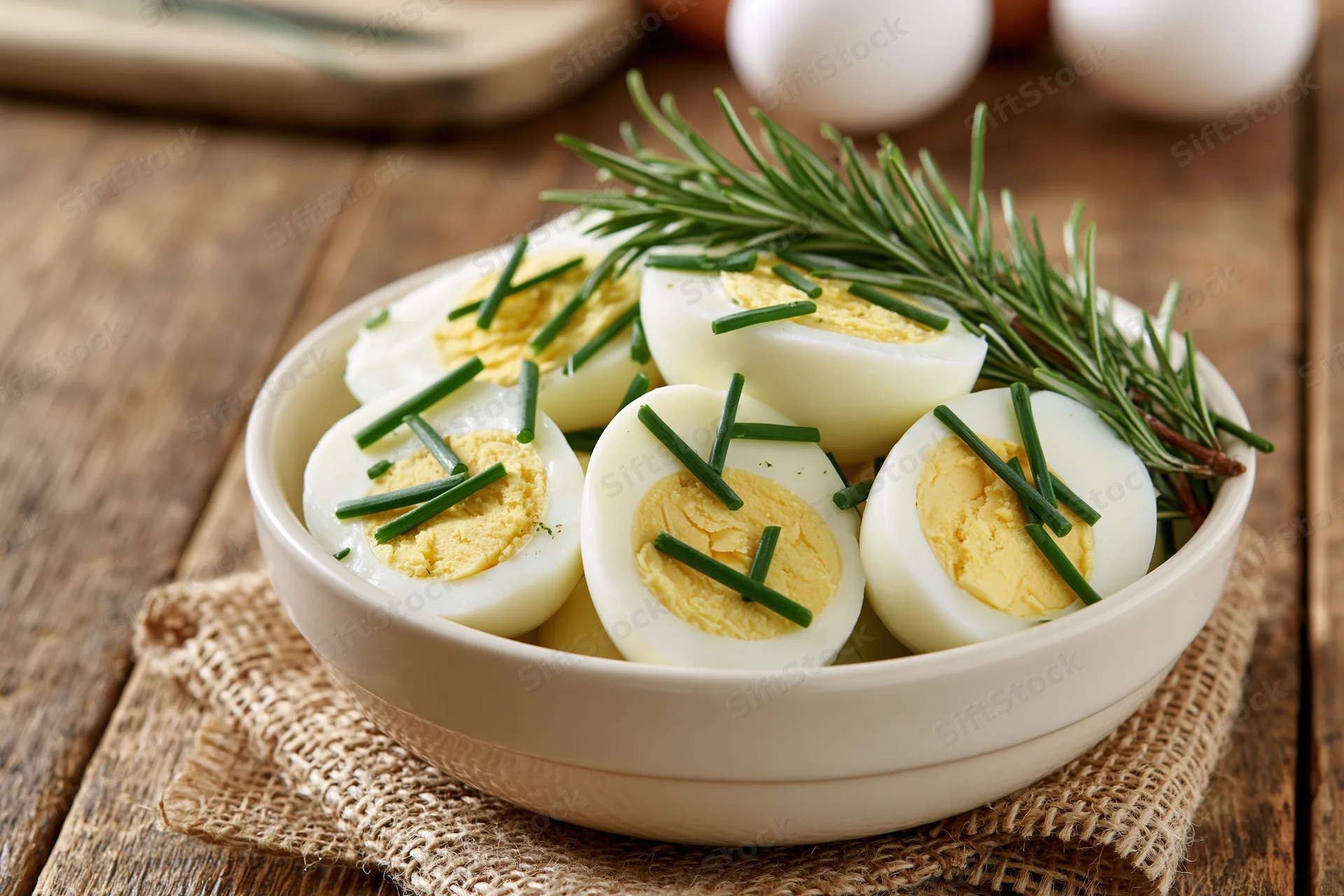 Halved hard-boiled eggs garnished with chives and rosemary in a white ceramic bowl on a wooden table