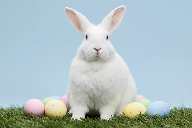 White domestic rabbit sitting upright on green grass surrounded by pastel decorated easter eggs