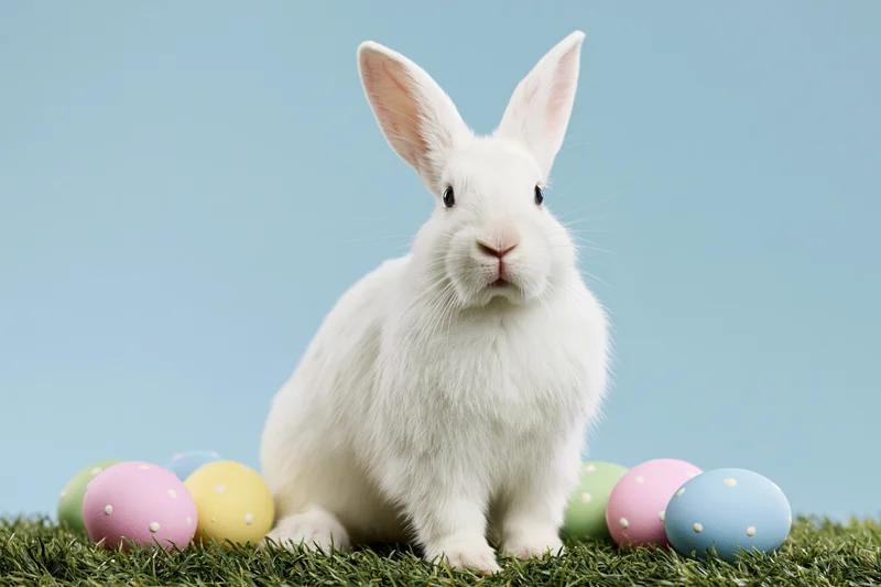 White domestic rabbit sitting upright on green grass surrounded by pastel decorated Easter eggs
