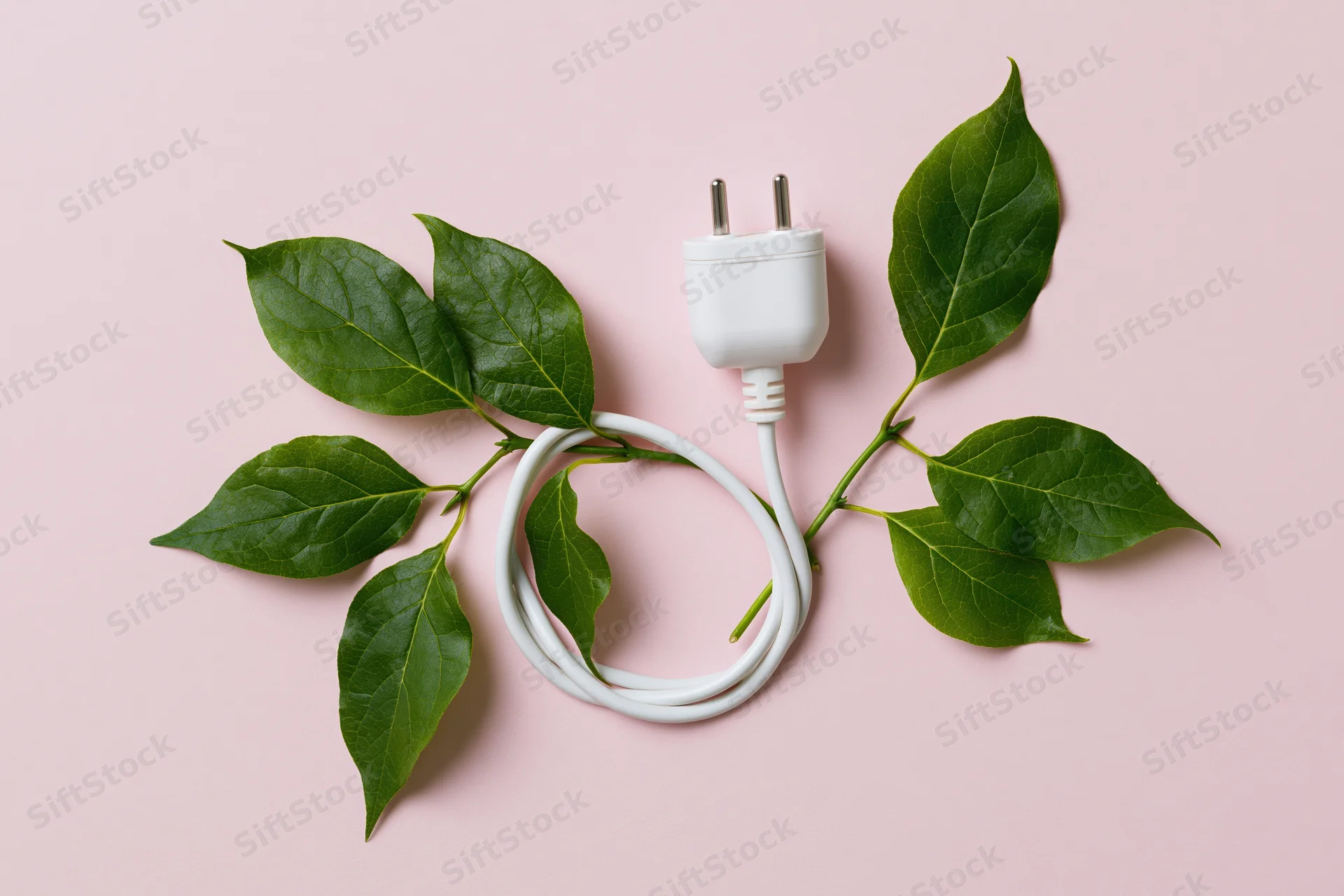 White electric plug with coiled cord arranged among green leaves on pink background