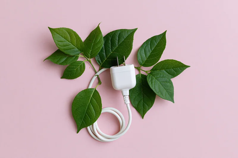 White electric plug with coiled cord arranged among green leaves on pink background