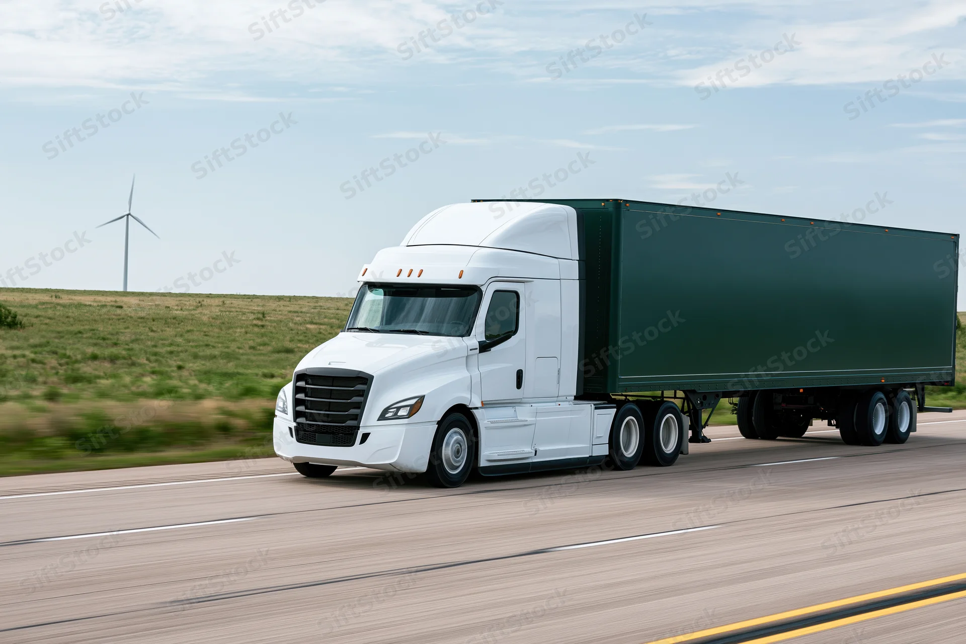 White electric semi-truck with dark green trailer driving on highway past wind turbine and grassy field