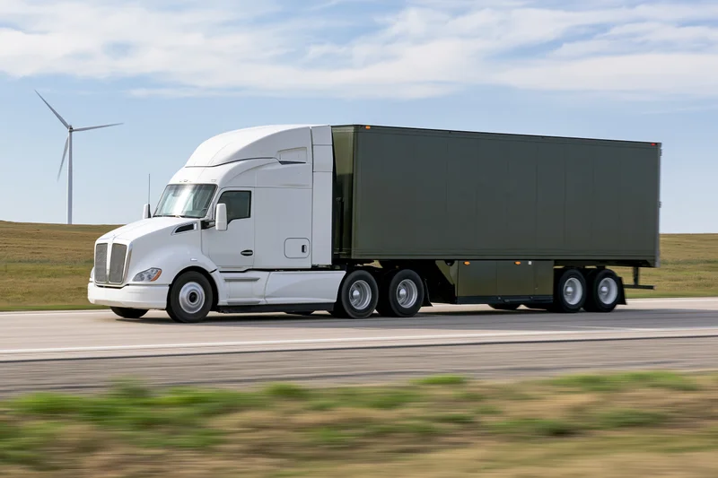 White electric semi-truck hauling dark green trailer on highway with wind turbine in rural landscape