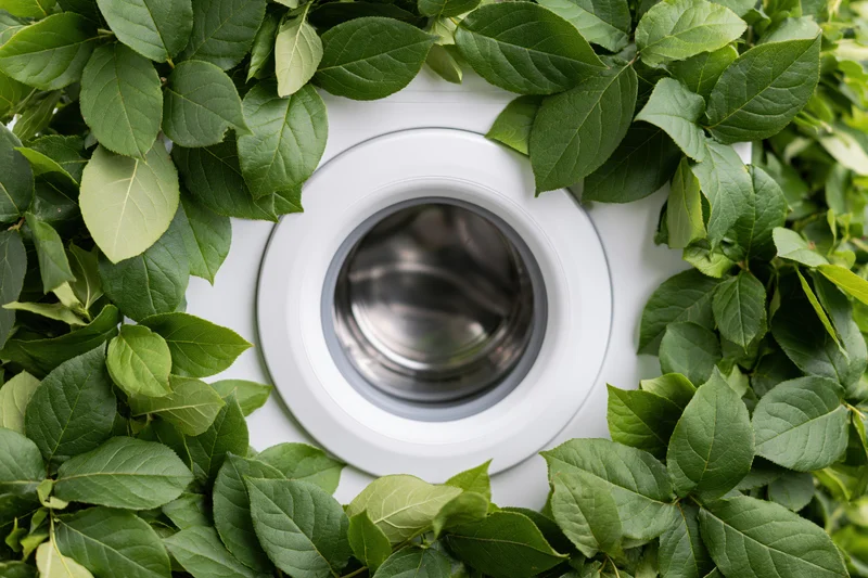White front-loading washing machine drum door centered and framed by green leaves