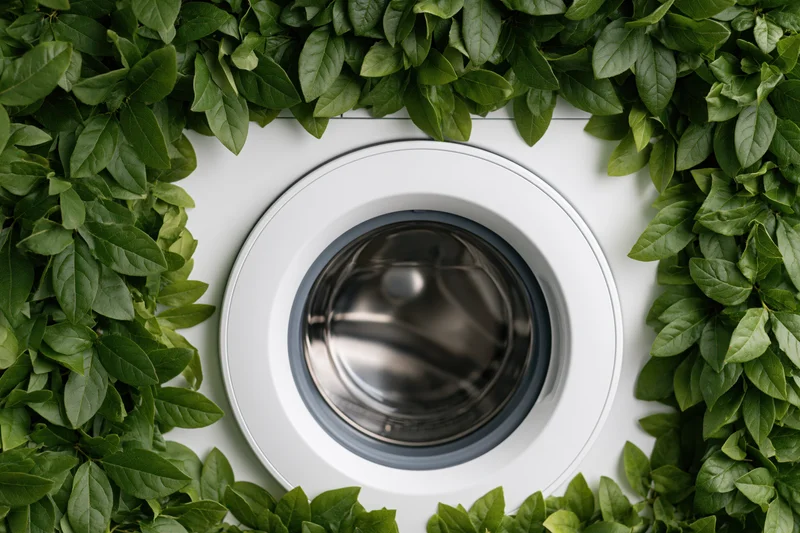White front-loading washing machine drum door centered and framed by green leaves