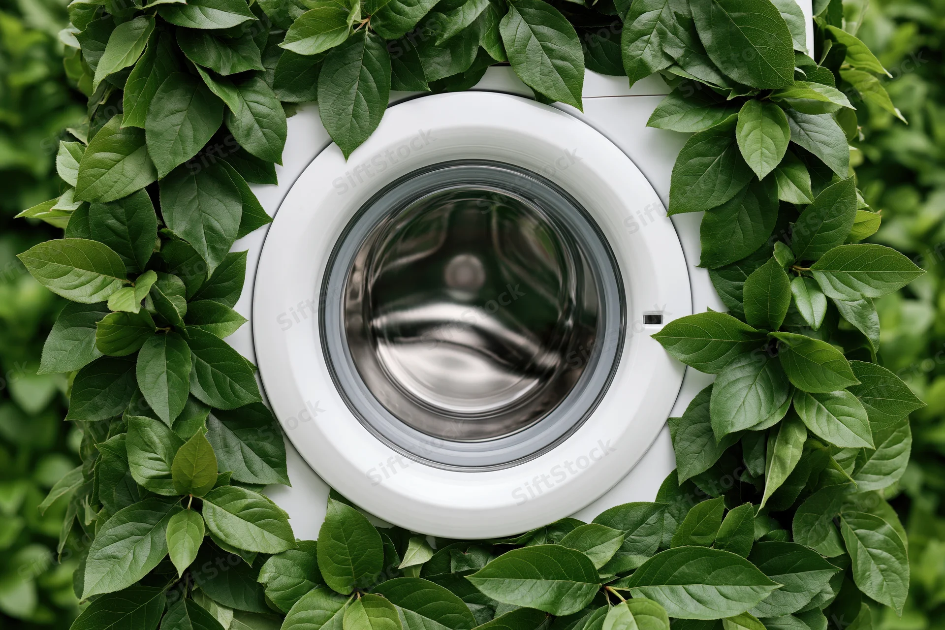 White front-loading washing machine drum door centered and framed by green leaves
