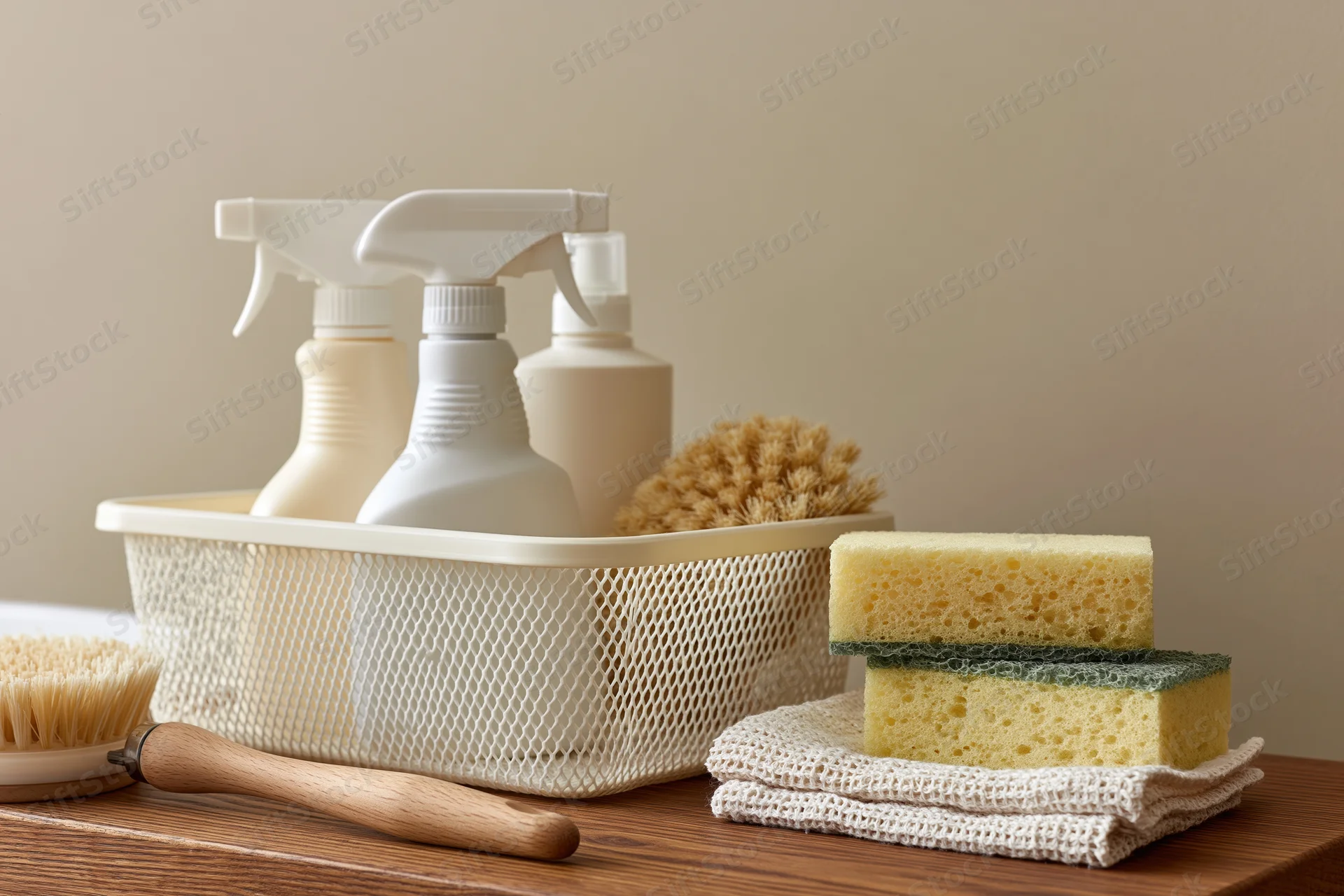White mesh caddy holding cleaning spray bottles and sponges on wooden countertop