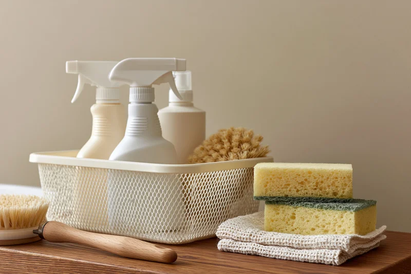 White mesh caddy holding cleaning spray bottles and sponges on wooden countertop
