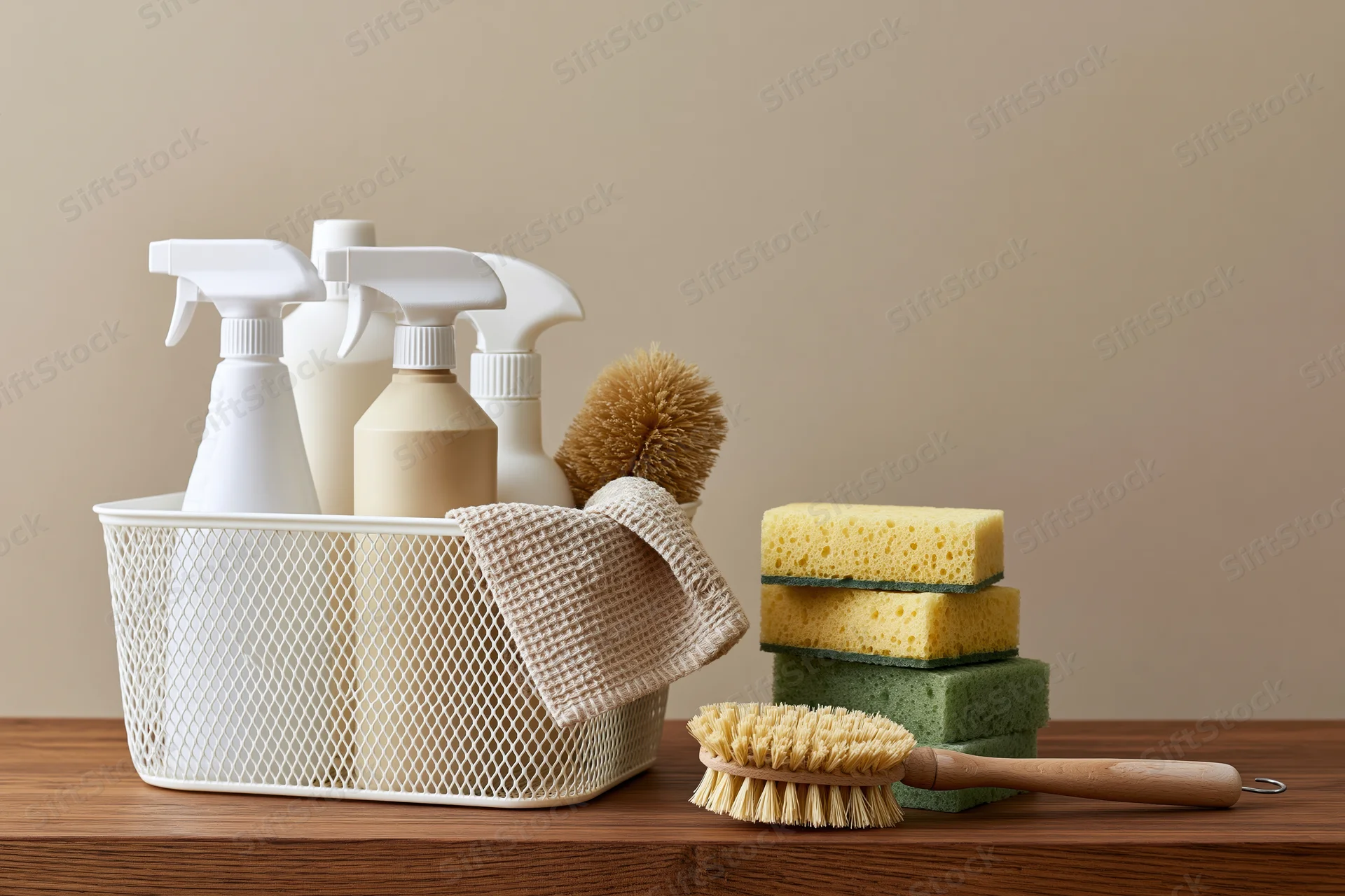 White mesh caddy holding cleaning spray bottles and sponges on wooden countertop