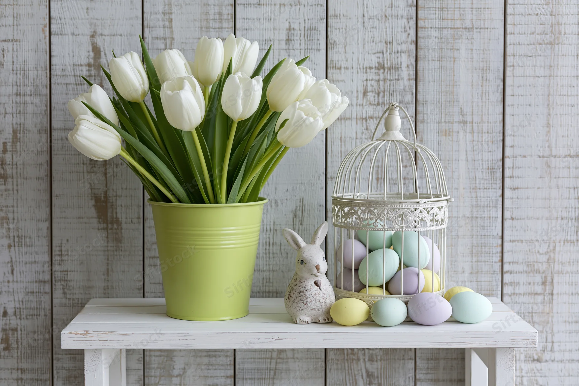 White tulips in a lime green bucket vase arranged on a white shelf with easter eggs and a ceramic rabbit beside a decorative birdcage