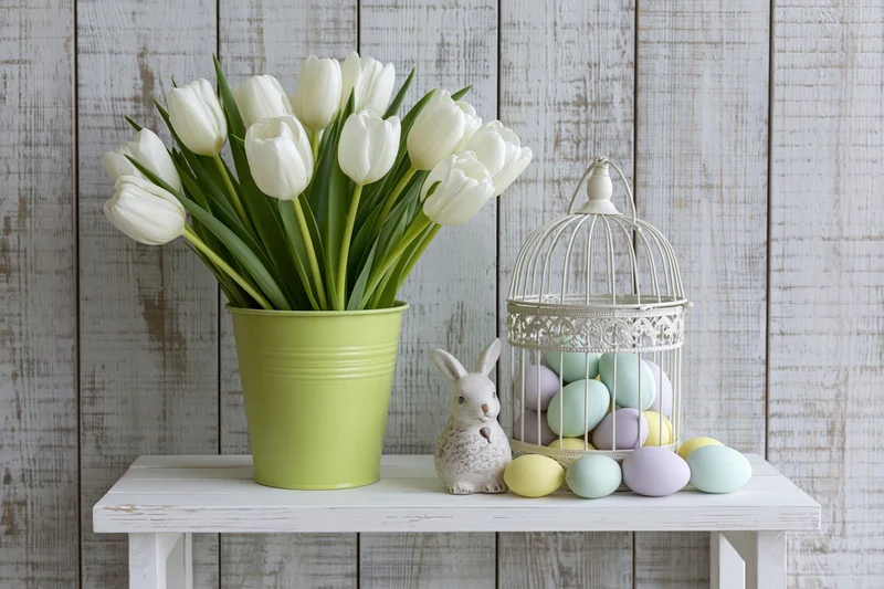 White tulips in a lime green bucket vase arranged on a white shelf with easter eggs and a ceramic rabbit beside a decorative birdcage