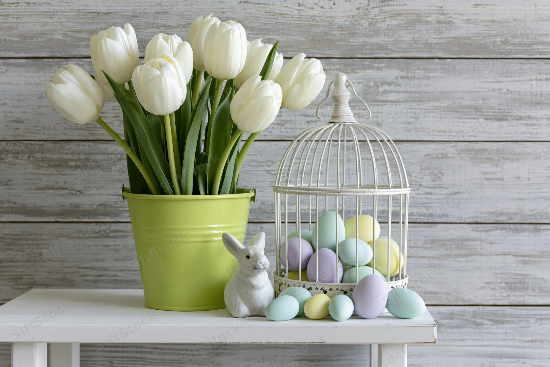 White tulips in a lime green bucket vase arranged on a white table with easter eggs and a ceramic rabbit beside a birdcage