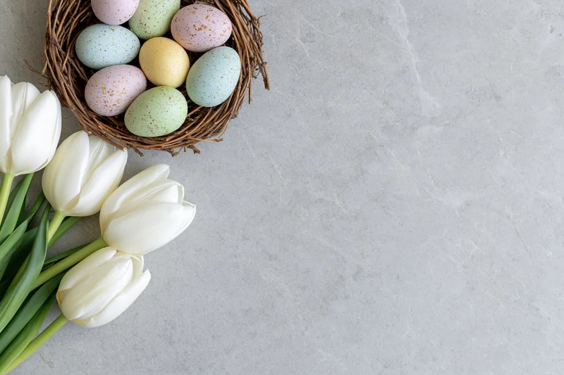 White tulips with green stems arranged beside a woven nest filled with pastel speckled eggs on a gray surface