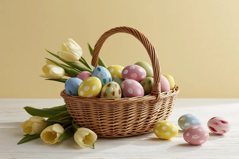 Wicker basket filled with pastel decorated easter eggs and tulips on wooden table