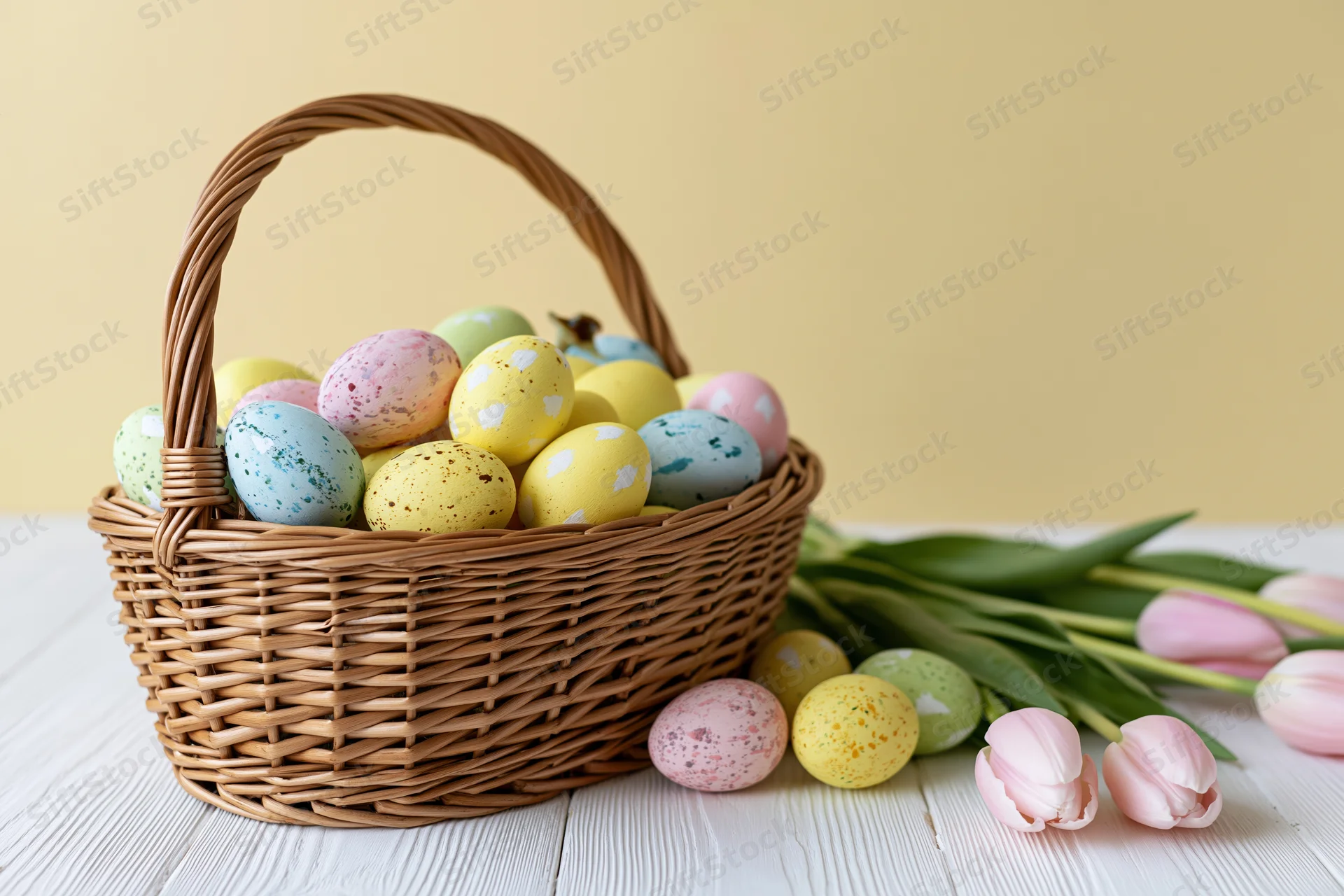 Wicker basket filled with decorated pastel easter eggs on a white wooden table beside pink tulips