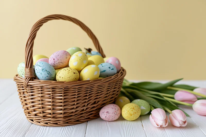 Wicker basket filled with decorated pastel easter eggs on a white wooden table beside pink tulips