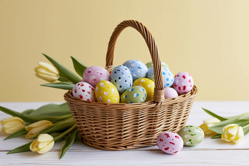 Wicker basket filled with pastel decorated easter eggs and yellow tulips on wooden surface
