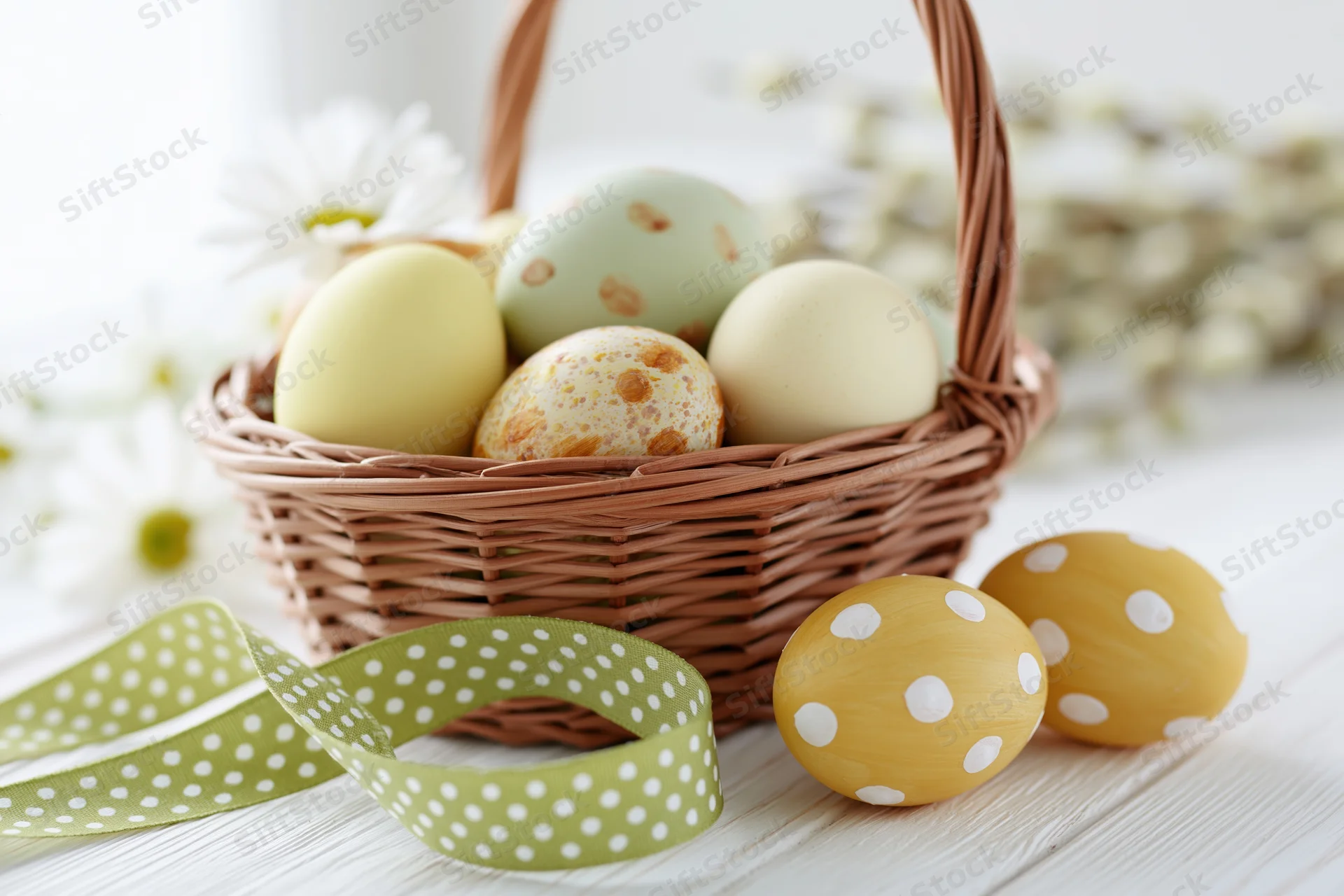 Wicker basket filled with decorated easter eggs on a wooden surface with ribbon and flowers nearby