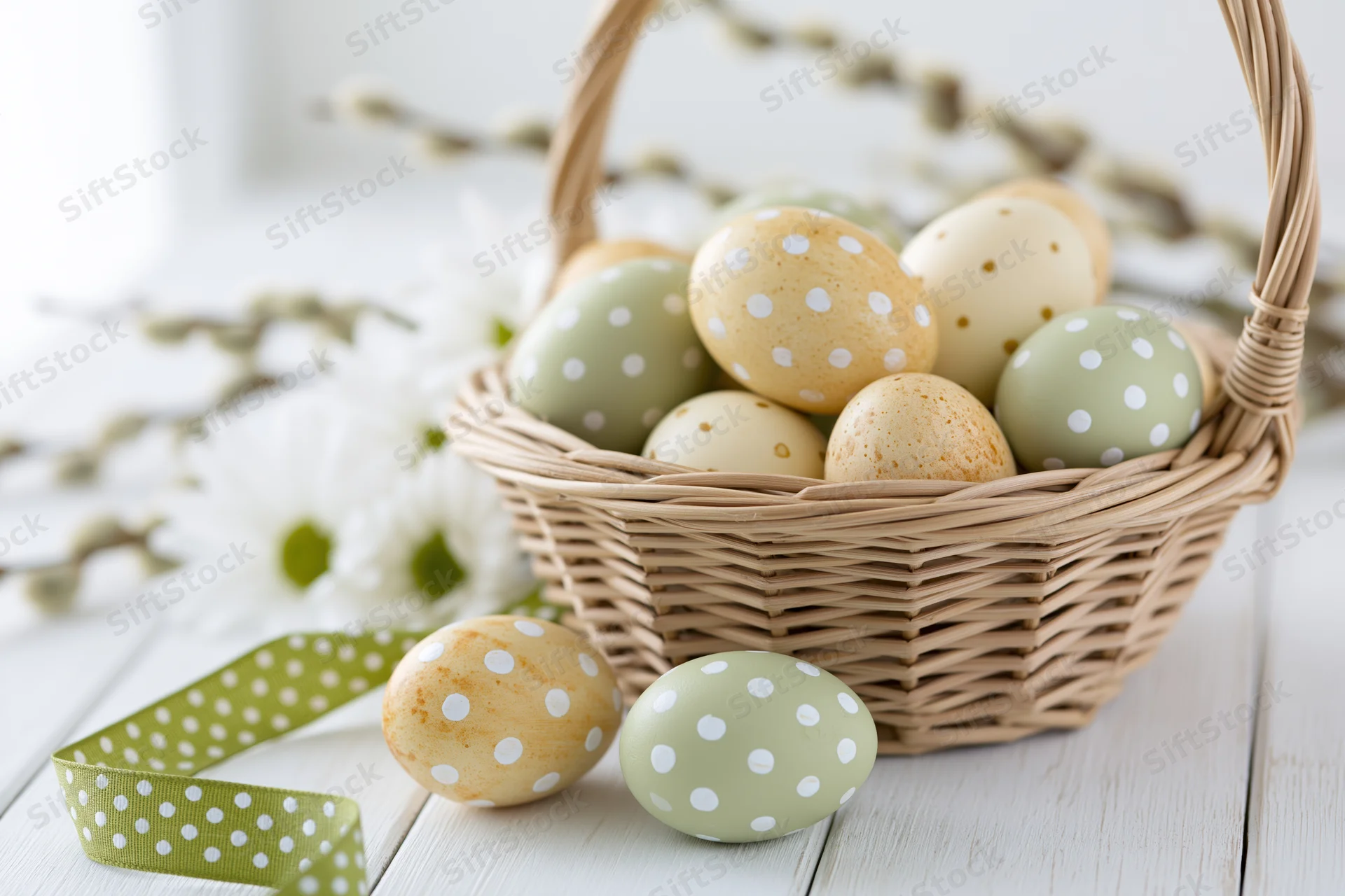Wicker basket filled with polka-dotted easter eggs on a white wooden table with flowers and ribbon nearby