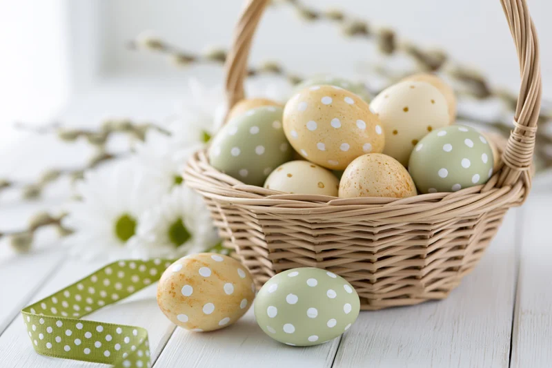 Wicker basket filled with polka-dotted easter eggs on a white wooden table with flowers and ribbon nearby